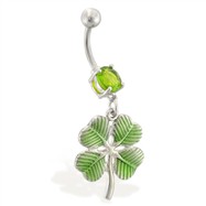 Jeweled belly ring with dangling green four leaf clover