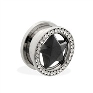 Pair Of Stainless Steel Screw Fit Tunnel with Black CZ Star And Jeweled Rim