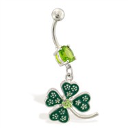 Belly ring with dangling jeweled four leaf clover