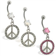 Belly ring with dangling jeweled peace sign