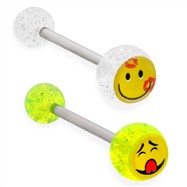 Straight barbell with smiley face logo glitter balls, 14 ga