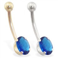 14K Gold belly ring with 8mm x 6mm oval Sapphire