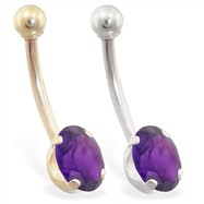 14K Gold Belly Ring with 8mm x 6mm Oval Amethyst