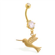 Gold Tone belly button ring with dangling humming bird