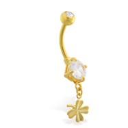 Gold Tone belly button ring with tiny dangling clover