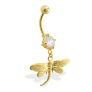 Gold Tone belly button ring with dangling dragonfly
