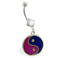 Double jeweled belly ring with dangling color changing ying-yang