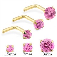 14K Gold L-shape nose pin with Round Pink Tourmaline