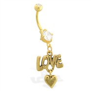 Gold Tone belly button ring with dangling Love and Heart