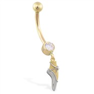 14K Yellow Gold jeweled belly ring with dangling ballet shoe pendant