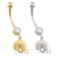 14K Gold jeweled belly ring with dangling football helmet charm