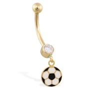 14K Yellow Gold jeweled belly ring with dangling enameled soccer ball charm