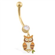 14K Yellow Gold jeweled belly ring with dangling Owl Charm