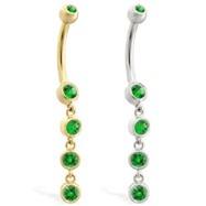 14K Gold belly ring with quadruple Emerald dangle