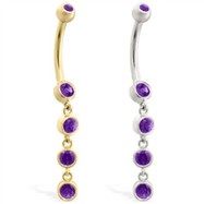 14K Gold belly ring with quadruple Amethyst dangle