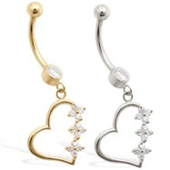 14K Gold belly ring with Clear CZ jeweled dangling heart