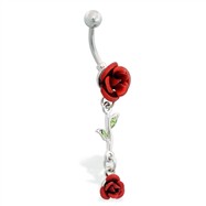 Rose belly button ring with dangling rose vine