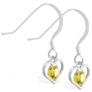 Sterling Silver Earrings with small dangling Citrine jeweled heart