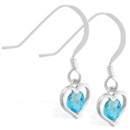 Sterling Silver Earrings with small dangling Aquamarinejeweled heart