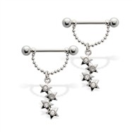 Pair of nipple barbells with dangling jeweled stars, 14 ga
