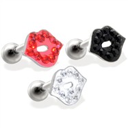 Steel cartilage barbell with jeweled LIP top, 16 ga