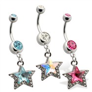 Jewled Belly Ring, with Dangling Star, AB