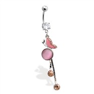 Jeweled navel ring with jeweled butterfly and dangling pink cz's