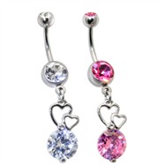 Belly Ring with Large CZ and Floating Hearts Dangle