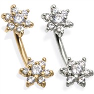 14K Gold Double Flower Belly Ring, CZ