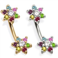 14K Gold Double Flower Belly Ring, Multicolored