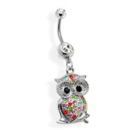 Multicolored Jeweled Owl Belly Ring