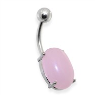 Surgical Steel Prong Set Oval Pink Aventurine Semi Precious Stone Navel Ring