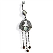 Hematite Wings with Heart Gem and Cascading Beads Dangle Navel Ring