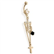 14Kt Gold Tone Navel Ring with Multi Paved Cross with Chains And Single Bead Dangle - Clear