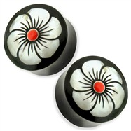 Pair Organic Buffalo Horn Saddle Fit Plugs with Red Centered Abalone Flower Inlay