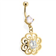 14Kt Golde Plated Flower Navel Ring with Single CZ Stone In Center