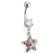 Steel 3D Star Navel Ring with Rainbow Paved CZs