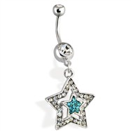 Steel Multi Paved Star Navel Ring Clear with Aqua Star in the center