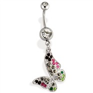 Steel Multi Colored Gem Paved Butterfly Navel Ring
