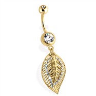 14Kt Gold Tone Navel Ring With Multi Paved Leaf