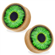 Pair Of Organic Wood Saddle Plugs with Green Eyeball