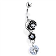 Belly Ring with Hollow Rose Dangle with Clear Gem