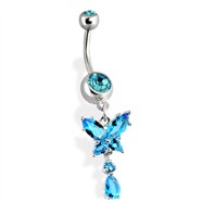 Belly Ring with Dangling Teardrop Gems and Butterfly