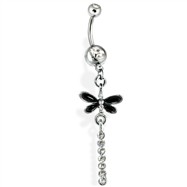 Belly Ring with Dangling Black Dragonfly