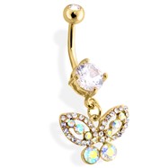 Gold Tone Belly Ring with Dangling Butterfly
