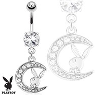 Playboy Bunny with Paved Gemmed Moon Dangle Steel Navel Ring