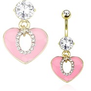 Pink Epoxy Filled Heart with Oval String Of Paved Gems Gold Toned Navel Ring