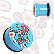 Pair Of Blue Acrylic Oriental Flower Blossom Single Flare Plugs