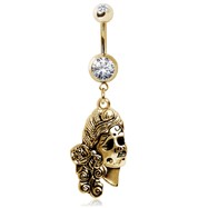Gold Toned Gemmed Navel Ring with Undead Siren Dangle