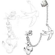 Star Stud Chain Earring with Swallow And Anchor Dangles with End Clip In Surgical Stainless Steel